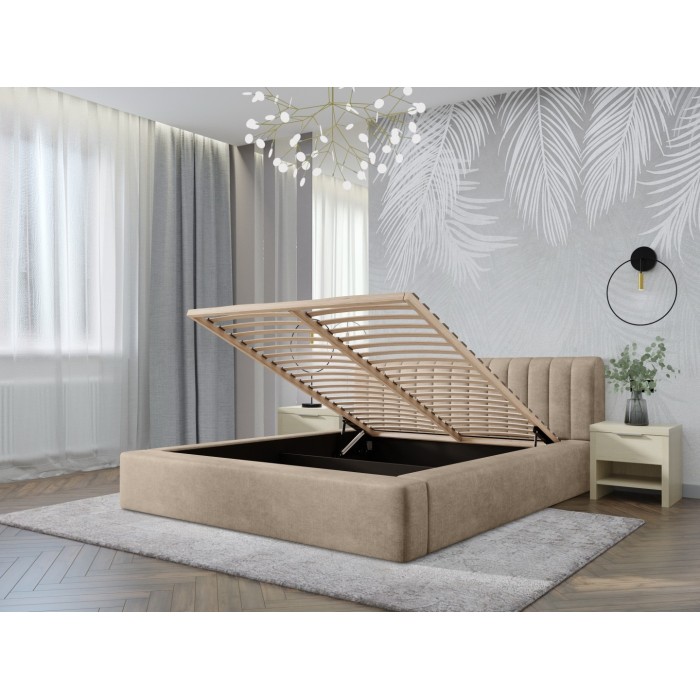 Lit coffre CERVIN – Velours doux Nude Sablé – 180x200 cm – Sommier relevable – Design élégant 