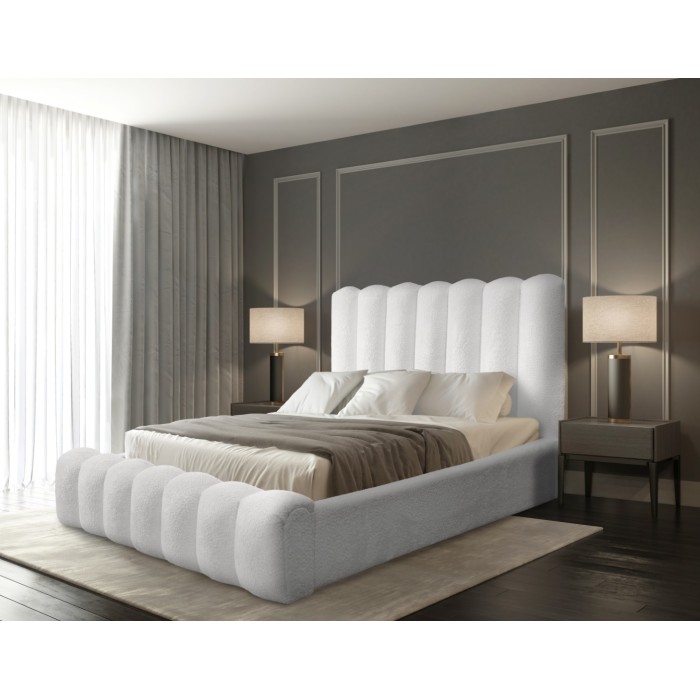 Lit coffre BADJA EUPHORIA – Tissu bouclé Perle de lin – 140x200 cm – Sommier relevable – Design haut de gamme 