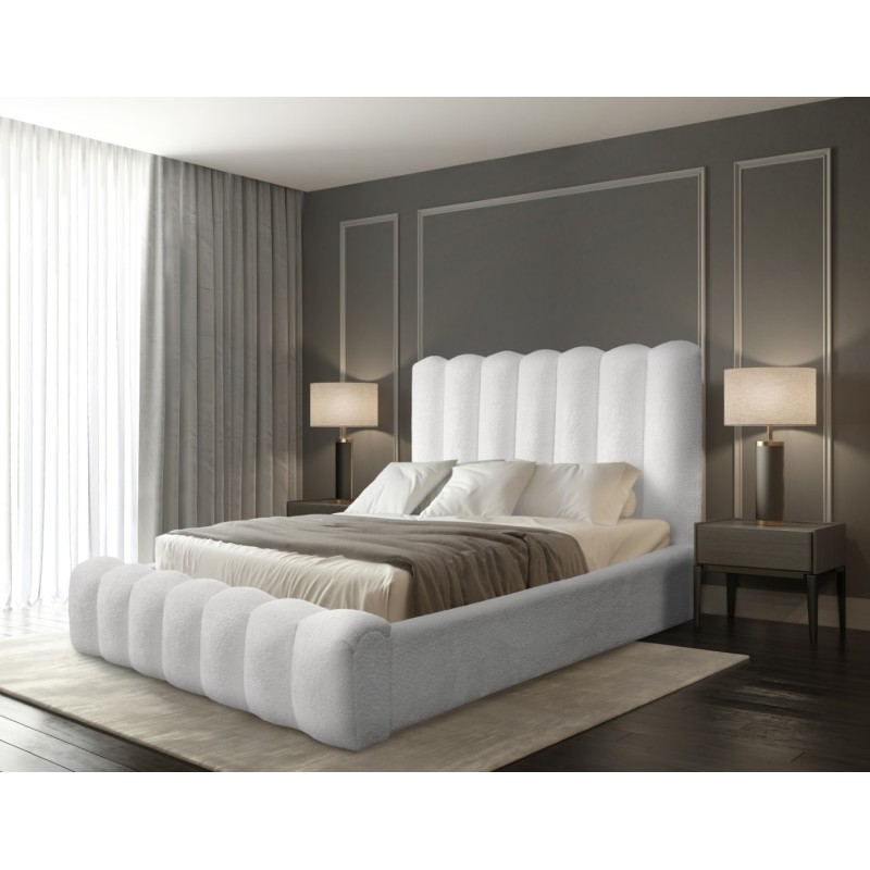 Lit coffre BADJA EUPHORIA – Tissu bouclé Perle de lin – 140x200 cm – Sommier relevable – Design haut de gamme 