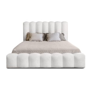 Lit coffre BADJA EUPHORIA – Tissu bouclé Perle de lin – 140x200 cm – Sommier relevable – Design haut de gamme 