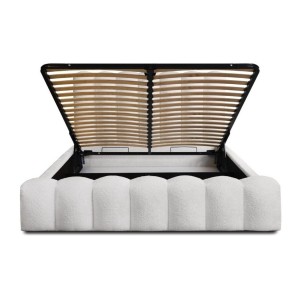 Lit coffre BADJA EUPHORIA – Tissu bouclé Perle de lin – 140x200 cm – Sommier relevable – Design haut de gamme 