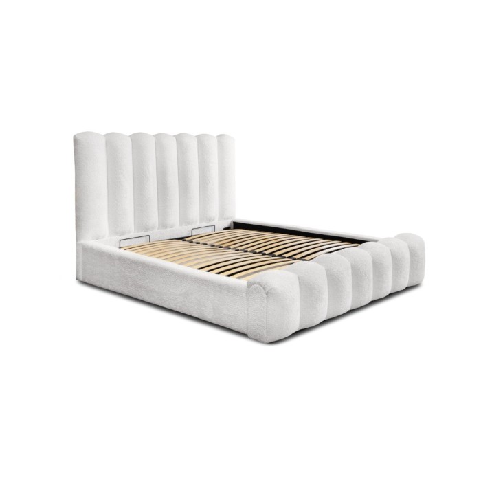 Lit coffre BADJA EUPHORIA – Tissu bouclé Perle de lin – 160x200 cm – Sommier relevable – Design haut de gamme 