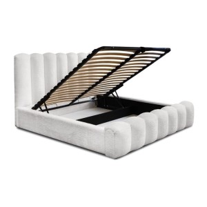 Lit coffre BADJA EUPHORIA – Tissu bouclé Perle de lin – 160x200 cm – Sommier relevable – Design haut de gamme 