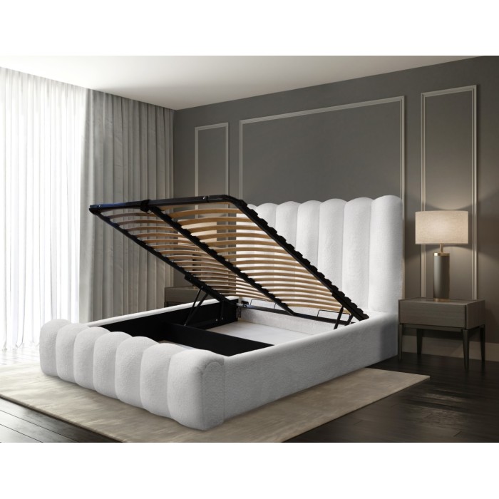 Lit coffre BADJA EUPHORIA – Tissu bouclé Perle de lin – 160x200 cm – Sommier relevable – Design haut de gamme 