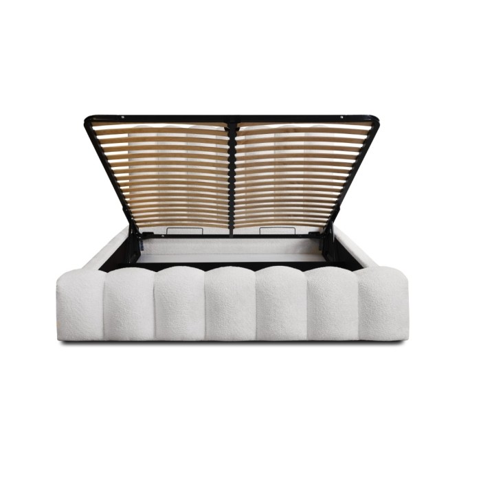 Lit coffre BADJA EUPHORIA – Tissu bouclé Perle de lin – 180x200 cm – Sommier relevable – Design haut de gamme 
