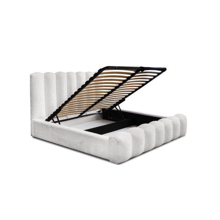 Lit coffre BADJA EUPHORIA – Tissu bouclé Perle de lin – 180x200 cm – Sommier relevable – Design haut de gamme 