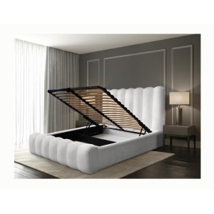 Lit coffre BADJA EUPHORIA – Tissu bouclé Perle de lin – 180x200 cm – Sommier relevable – Design haut de gamme 