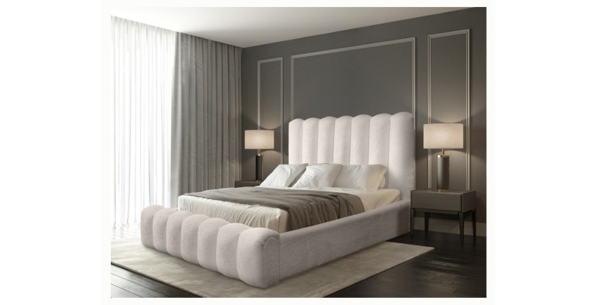 Lit coffre BADJA EUPHORIA – Tissu bouclé Ivoire rosé – 140x200 cm – Sommier relevable – Design haut de gamme