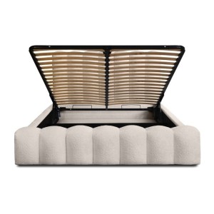 Lit coffre BADJA EUPHORIA – Tissu bouclé Ivoire rosé – 140x200 cm – Sommier relevable – Design haut de gamme 