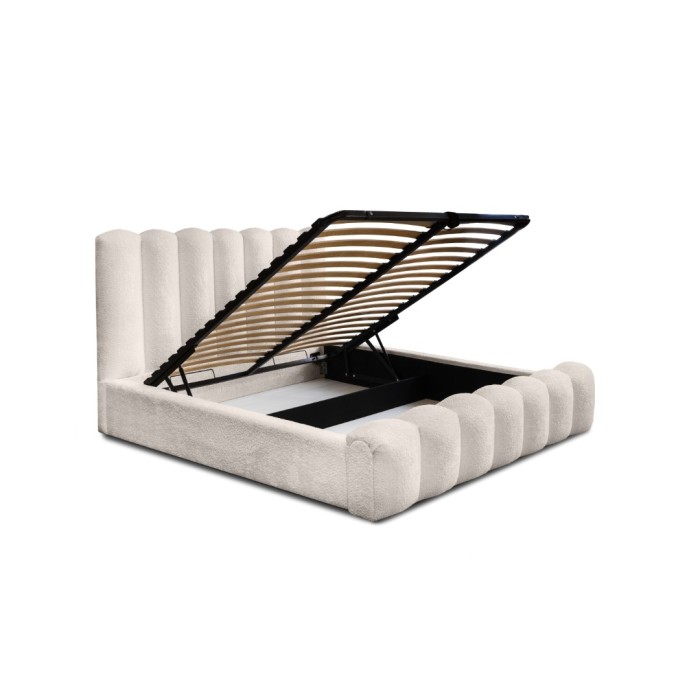 Lit coffre BADJA EUPHORIA – Tissu bouclé Ivoire rosé – 140x200 cm – Sommier relevable – Design haut de gamme 