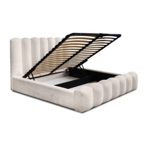 Lit coffre BADJA EUPHORIA – Tissu bouclé Ivoire rosé – 140x200 cm – Sommier relevable – Design haut de gamme 