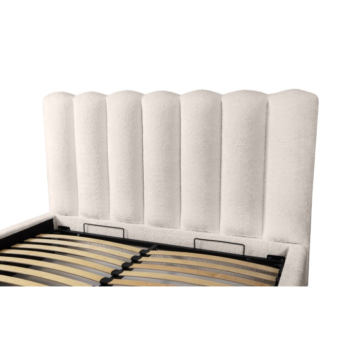 Lit coffre BADJA EUPHORIA – Tissu bouclé Ivoire rosé – 140x200 cm – Sommier relevable – Design haut de gamme 