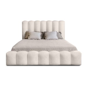 Lit coffre BADJA EUPHORIA – Tissu bouclé Ivoire rosé – 140x200 cm – Sommier relevable – Design haut de gamme 