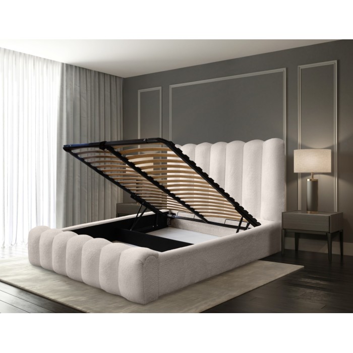 Lit coffre BADJA EUPHORIA – Tissu bouclé Ivoire rosé – 140x200 cm – Sommier relevable – Design haut de gamme 