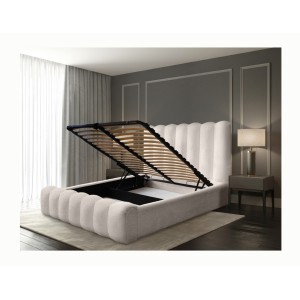 Lit coffre BADJA EUPHORIA – Tissu bouclé Ivoire rosé – 140x200 cm – Sommier relevable – Design haut de gamme 