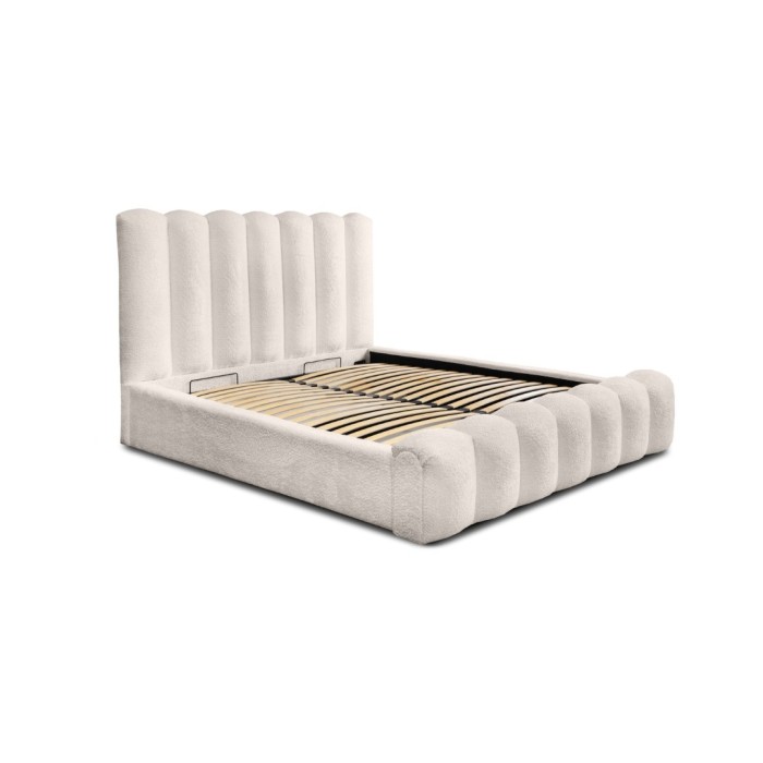 Lit coffre BADJA EUPHORIA – Tissu bouclé Ivoire rosé – 160x200 cm – Sommier relevable – Design haut de gamme 