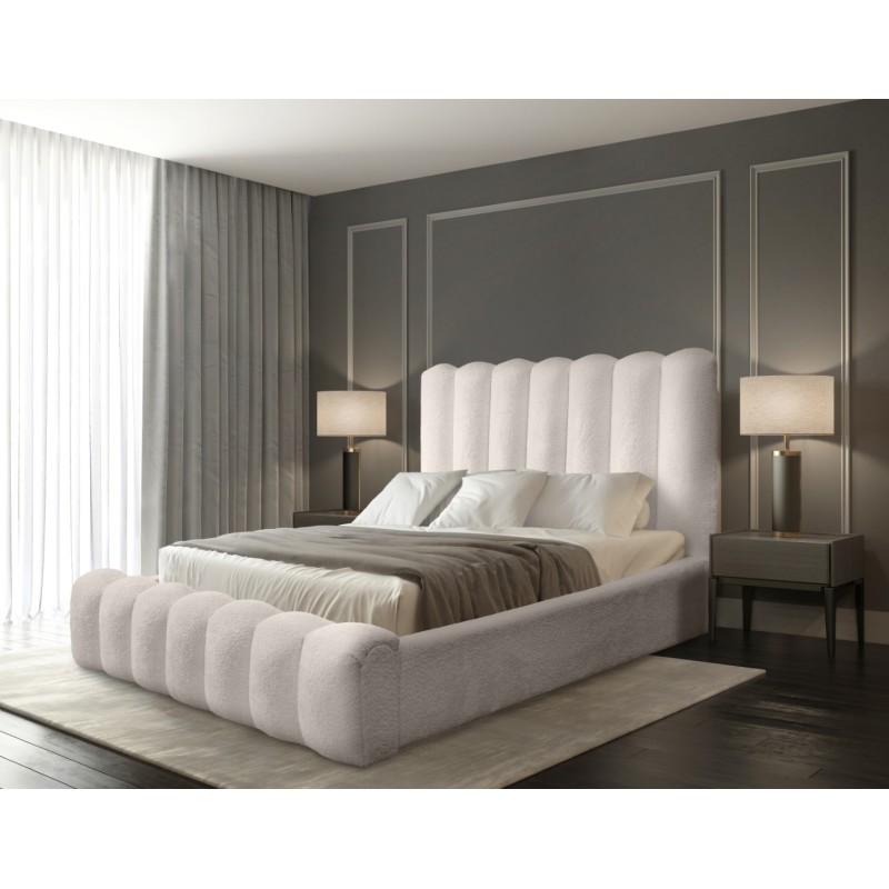 Lit coffre BADJA EUPHORIA – Tissu bouclé Ivoire rosé – 180x200 cm – Sommier relevable – Design haut de gamme