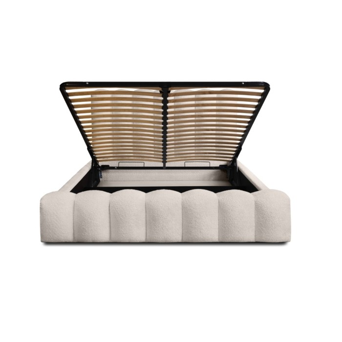 Lit coffre BADJA EUPHORIA – Tissu bouclé Ivoire rosé – 180x200 cm – Sommier relevable – Design haut de gamme 