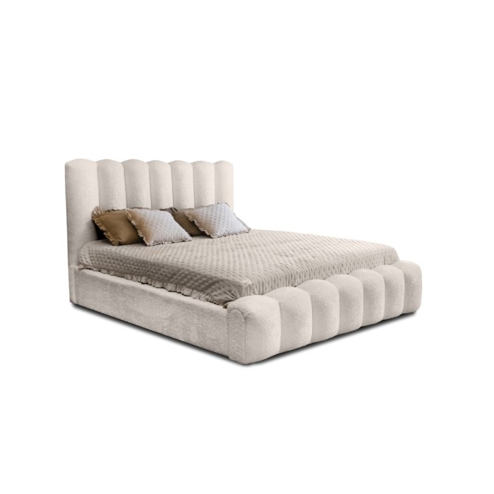 Lit coffre BADJA EUPHORIA – Tissu bouclé Ivoire rosé – 180x200 cm – Sommier relevable – Design haut de gamme 