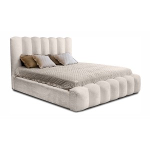 Lit coffre BADJA EUPHORIA – Tissu bouclé Ivoire rosé – 180x200 cm – Sommier relevable – Design haut de gamme 