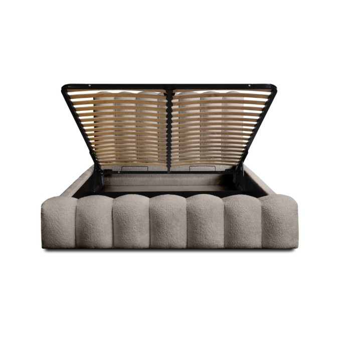 Lit coffre BADJA EUPHORIA – Tissu bouclé Taupe cendré – 140x200 cm – Sommier relevable – Design haut de gamme 