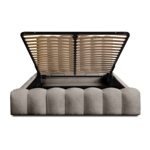 Lit coffre BADJA EUPHORIA – Tissu bouclé Taupe cendré – 140x200 cm – Sommier relevable – Design haut de gamme 