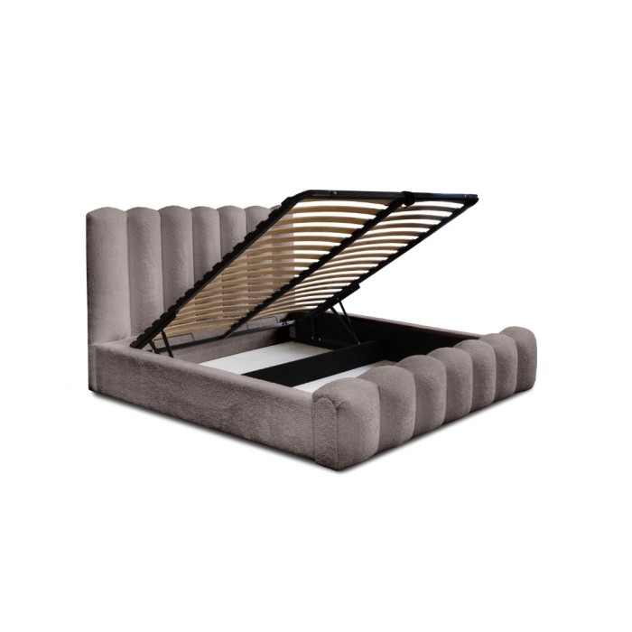 Lit coffre BADJA EUPHORIA – Tissu bouclé Taupe cendré – 140x200 cm – Sommier relevable – Design haut de gamme 