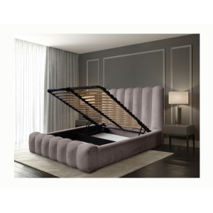 Lit coffre BADJA EUPHORIA – Tissu bouclé Taupe cendré – 140x200 cm – Sommier relevable – Design haut de gamme 