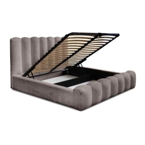Lit coffre BADJA EUPHORIA – Tissu bouclé Taupe cendré – 160x200 cm – Sommier relevable – Design haut de gamme 