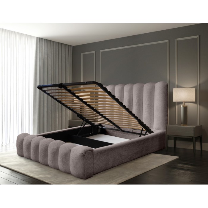Lit coffre BADJA EUPHORIA – Tissu bouclé Taupe cendré – 160x200 cm – Sommier relevable – Design haut de gamme 