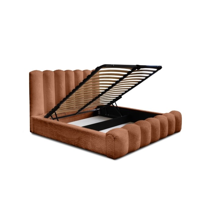 Lit coffre BADJA EUPHORIA – Tissu bouclé Terracota – 140x200 cm – Sommier relevable – Design haut de gamme 