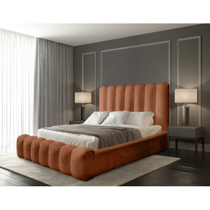 Lit coffre BADJA EUPHORIA – Tissu bouclé Terracota – 160x200 cm – Sommier relevable – Design haut de gamme