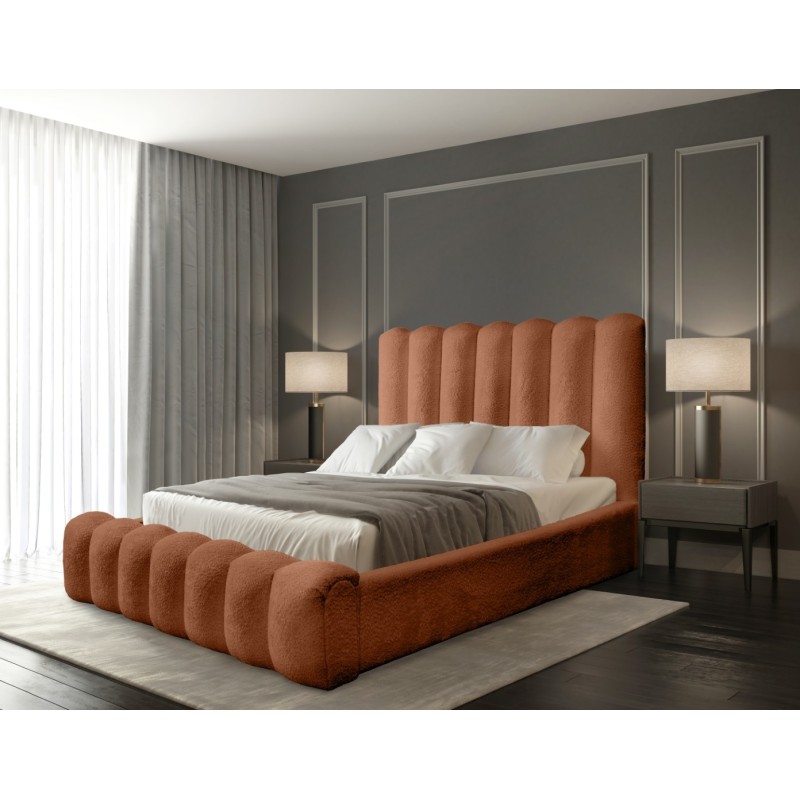Lit coffre BADJA EUPHORIA – Tissu bouclé Terracota – 160x200 cm – Sommier relevable – Design haut de gamme