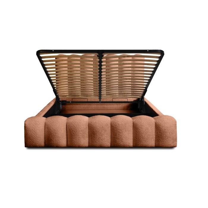 Lit coffre BADJA EUPHORIA – Tissu bouclé Terracota – 160x200 cm – Sommier relevable – Design haut de gamme 