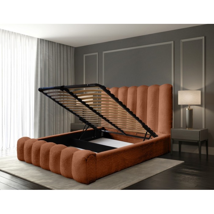 Lit coffre BADJA EUPHORIA – Tissu bouclé Terracota – 160x200 cm – Sommier relevable – Design haut de gamme 