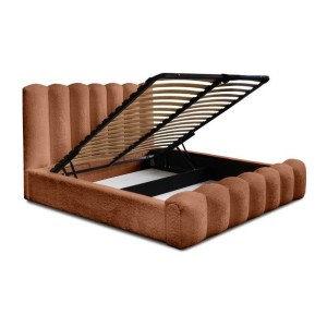 Lit coffre BADJA EUPHORIA – Tissu bouclé Terracota – 180x200 cm – Sommier relevable – Design haut de gamme 