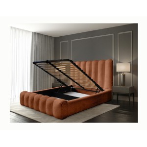 Lit coffre BADJA EUPHORIA – Tissu bouclé Terracota – 180x200 cm – Sommier relevable – Design haut de gamme 