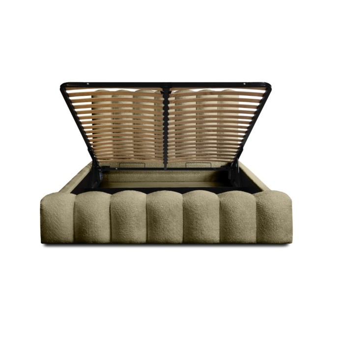Lit coffre BADJA EUPHORIA – Tissu bouclé Sauge sèchée – 140x200 cm – Sommier relevable – Design haut de gamme 