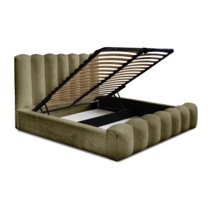 Lit coffre BADJA EUPHORIA – Tissu bouclé Sauge sèchée – 140x200 cm – Sommier relevable – Design haut de gamme 