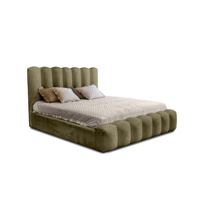 Lit coffre BADJA EUPHORIA – Tissu bouclé Sauge sèchée – 140x200 cm – Sommier relevable – Design haut de gamme 