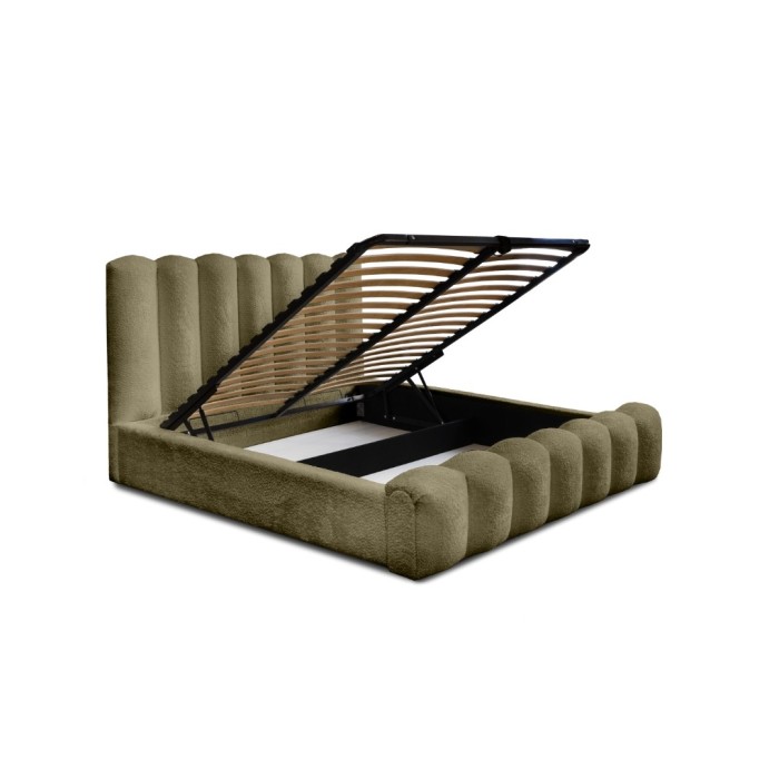 Lit coffre BADJA EUPHORIA – Tissu bouclé Sauge sèchée – 160x200 cm – Sommier relevable – Design haut de gamme 