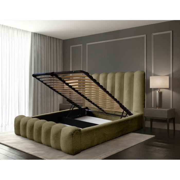 Lit coffre BADJA EUPHORIA – Tissu bouclé Sauge sèchée – 160x200 cm – Sommier relevable – Design haut de gamme 