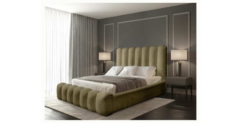Lit coffre BADJA EUPHORIA – Tissu bouclé Sauge sèchée – 180x200 cm – Sommier relevable – Design haut de gamme