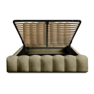 Lit coffre BADJA EUPHORIA – Tissu bouclé Sauge sèchée – 180x200 cm – Sommier relevable – Design haut de gamme 