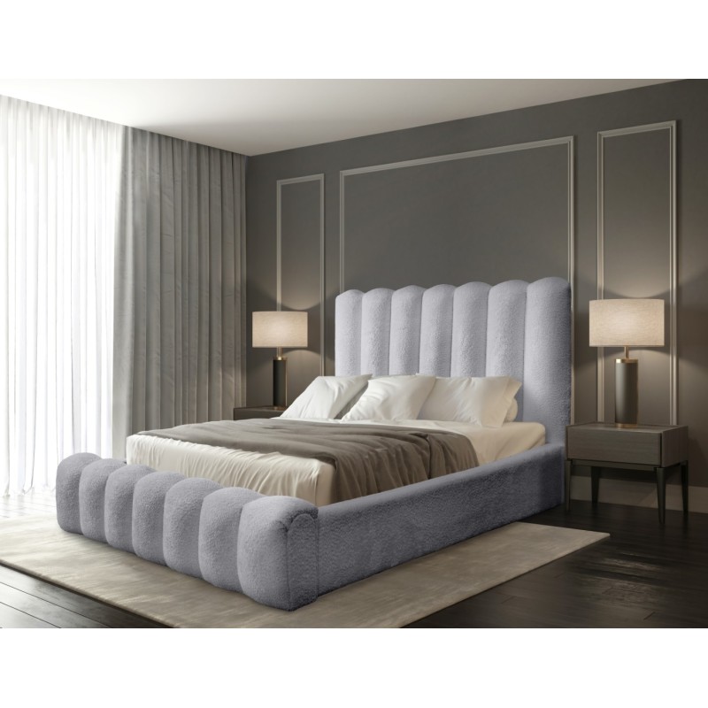 Lit coffre BADJA EUPHORIA – Tissu bouclé Perle d'aube – 160x200 cm – Sommier relevable – Design haut de gamme