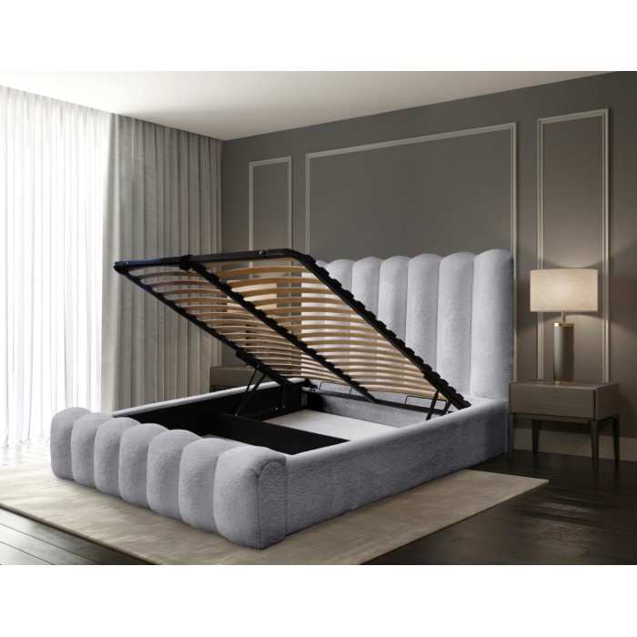 Lit coffre BADJA EUPHORIA – Tissu bouclé Perle d'aube – 160x200 cm – Sommier relevable – Design haut de gamme 