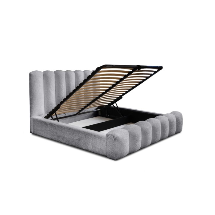 Lit coffre BADJA EUPHORIA – Tissu bouclé Perle d'aube – 180x200 cm – Sommier relevable – Design haut de gamme 
