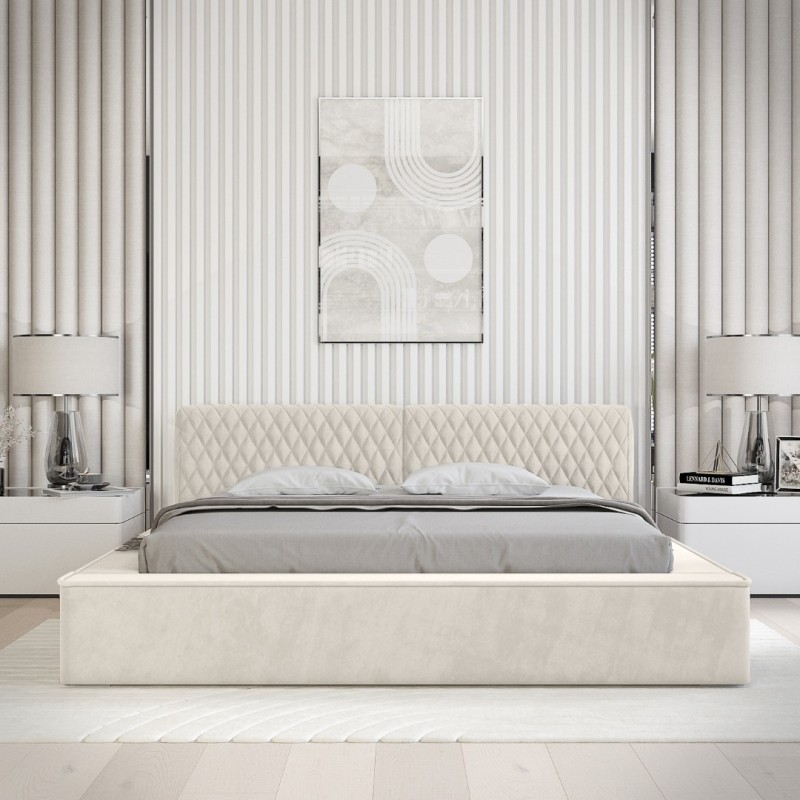 Lit coffre VERNON – Tissu chenille bouclé Lin naturel – 160x200 cm – Sommier relevable – Design haut de gamme 