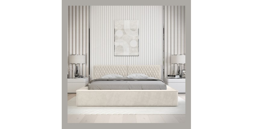 Lit coffre VERNON – Tissu chenille bouclé Lin naturel – 160x200 cm – Sommier relevable – Design haut de gamme 