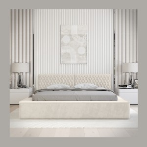 Lit coffre VERNON – Tissu chenille bouclé Lin naturel – 160x200 cm – Sommier relevable – Design haut de gamme 